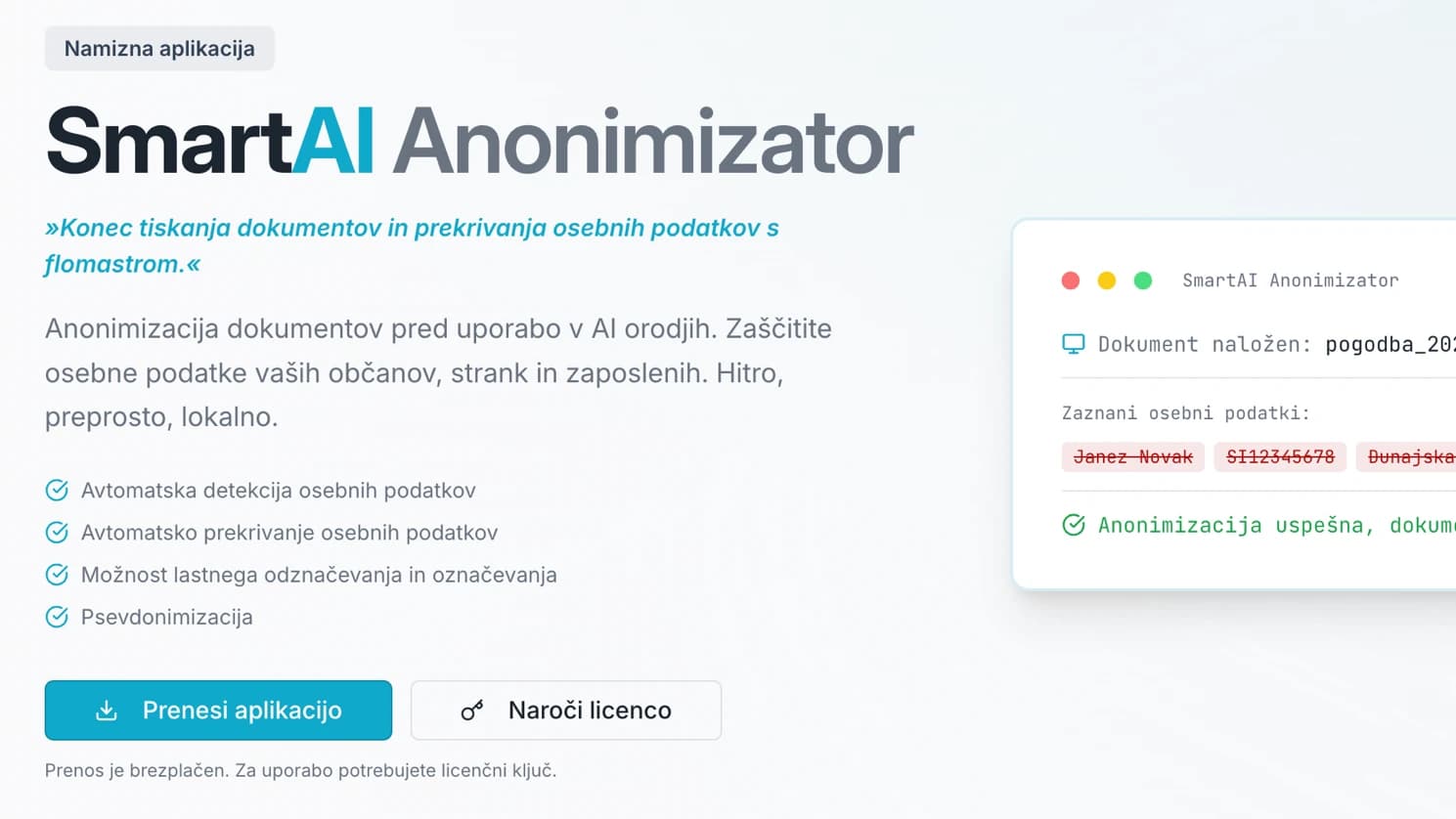 Namizna aplikacija SmartAI Anonimizator: naložen dokument z dvanajstimi zaznanimi osebnimi podatki, prečrtanimi pred uporabo v AI orodju