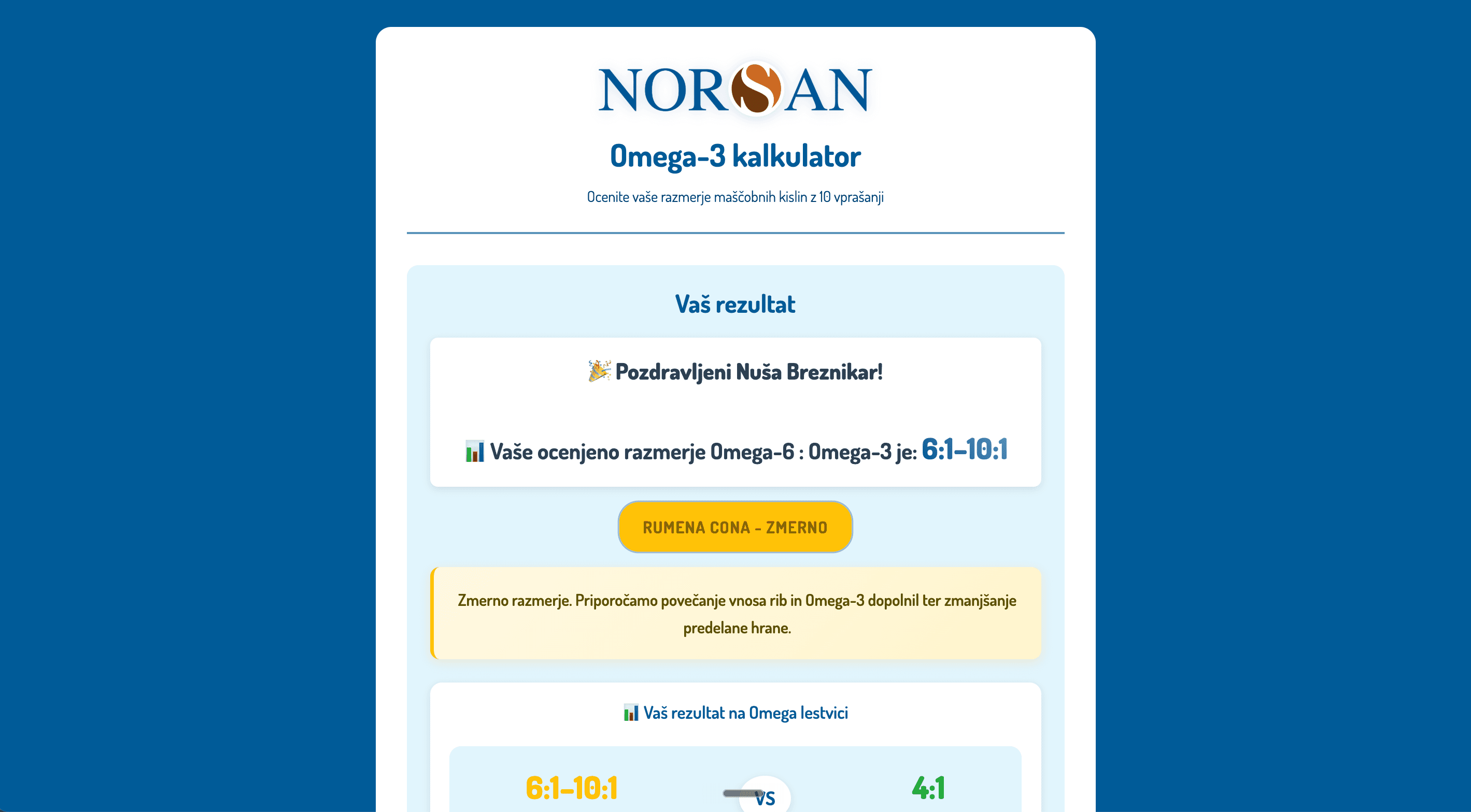 Norsan Omega-3 kalkulator interface