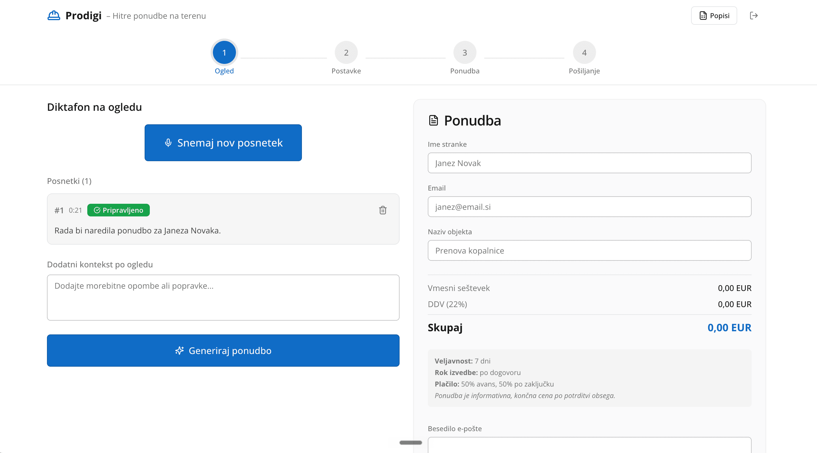 Prodigi generator ponudb - vmesnik